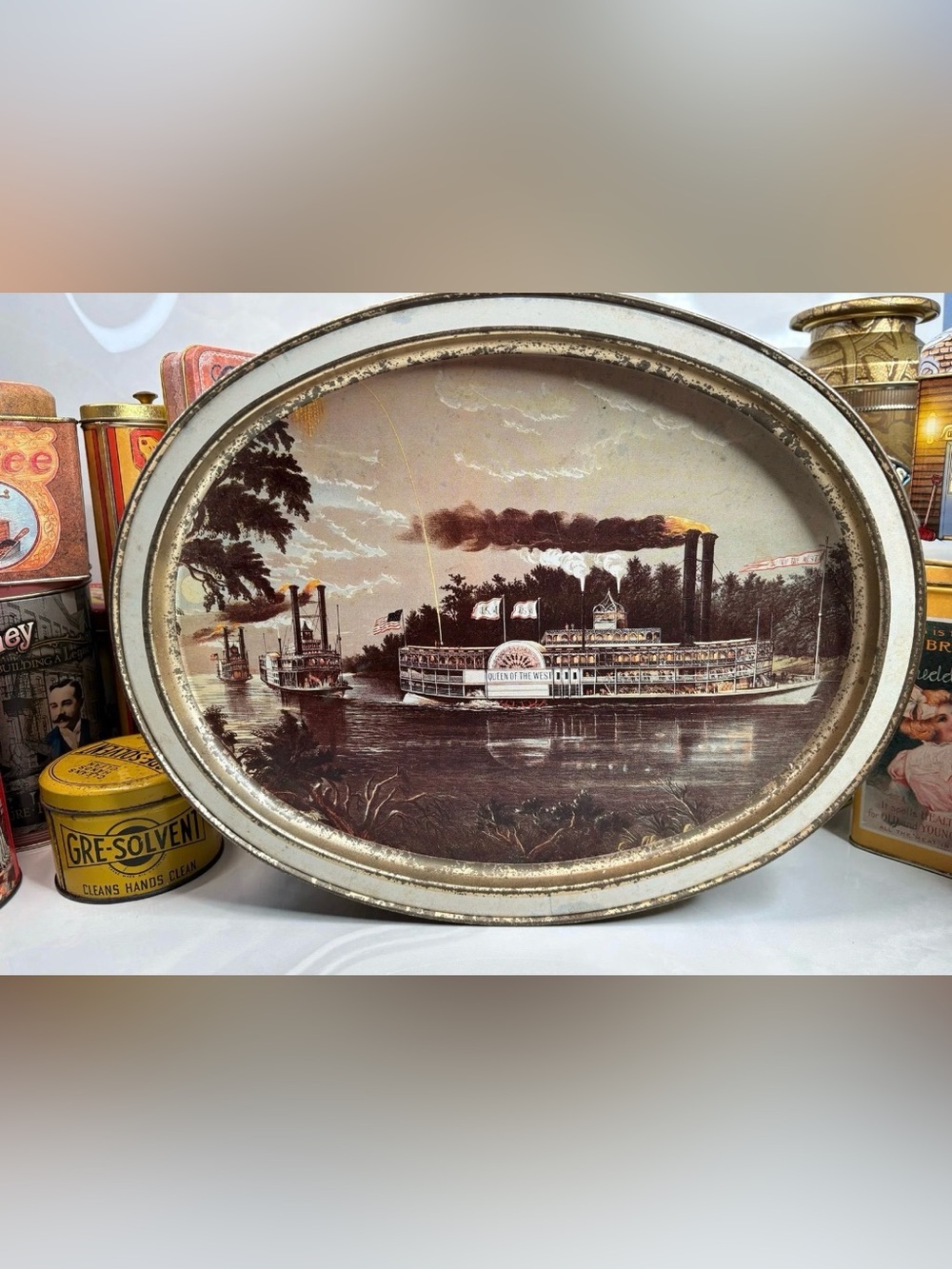 Vintage 1978 Sunshine Biscuits Tin Tray – Dual-Sided Currier & Ives Riverboat